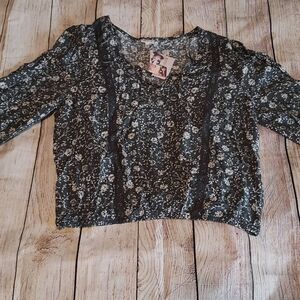 Self Esteem Dark Floral Lace-Trim Cropped Blouse (Juniors)